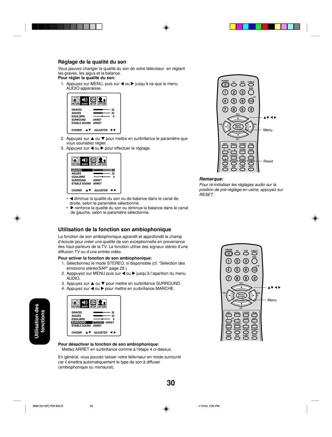 Toshiba 14AF44 Réglage de la qualité du son, Utilisation de la fonction son ambiophonique, Pour régler la qualité du son 