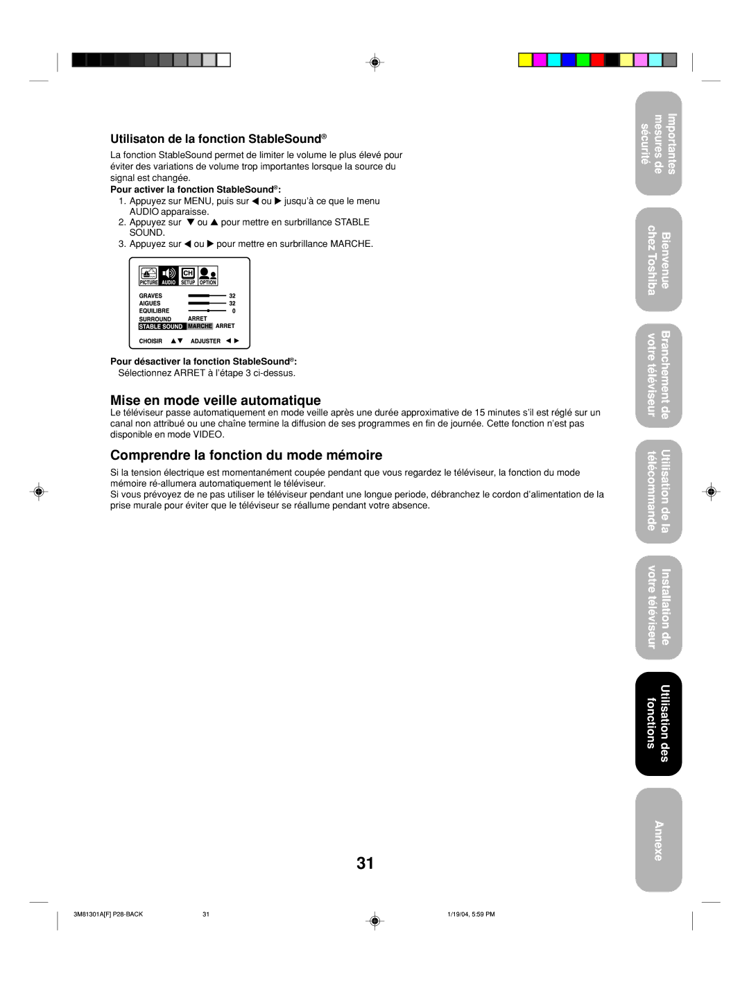 Toshiba 14AF44 appendix Mise en mode veille automatique, Comprendre la fonction du mode mémoire 