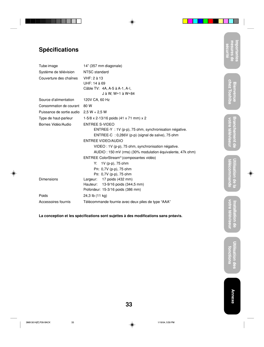 Toshiba 14AF44 appendix Spécifications, Entree S-VIDEO 