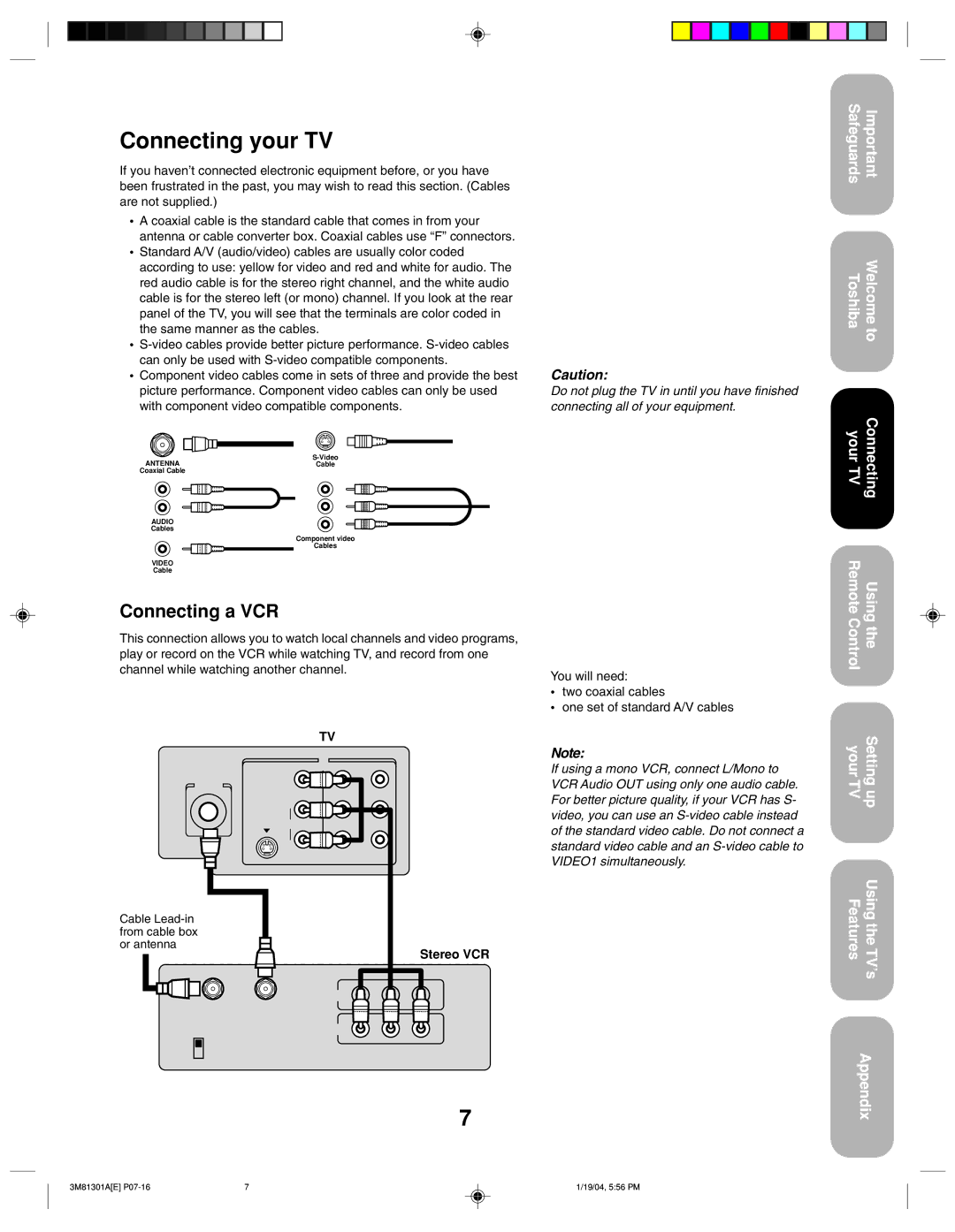 Toshiba 14AF44 appendix Connecting your TV, Connecting a VCR, With component video compatible components, Stereo VCR 