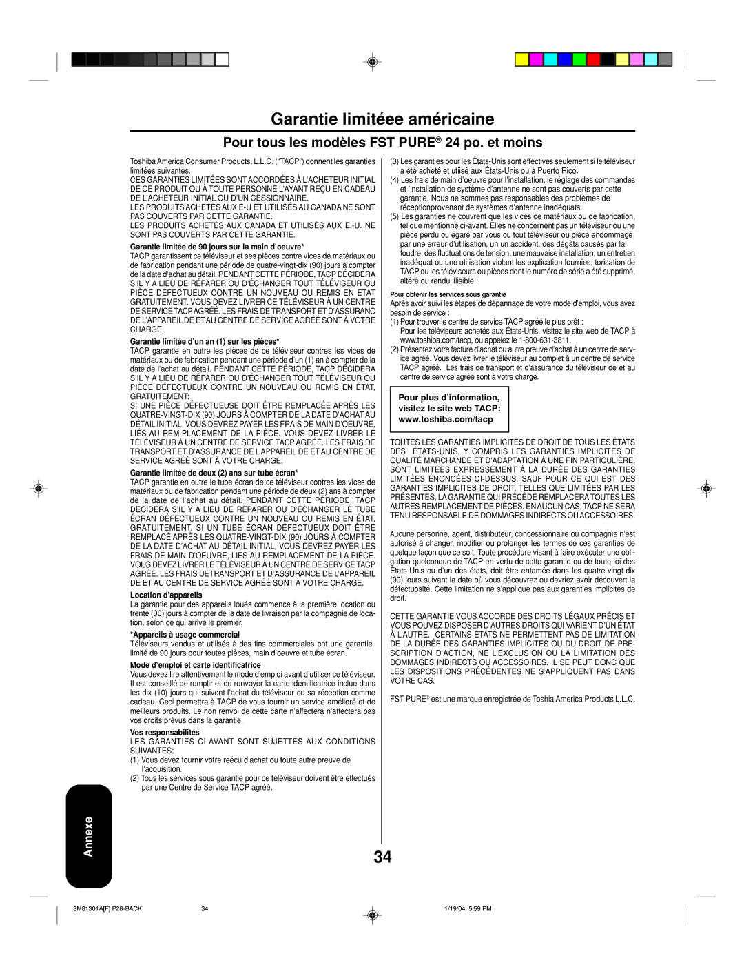 Toshiba 14AF44 appendix Garantie limitéee américaine, Pour tous les modèles FST Pure 24 po. et moins 