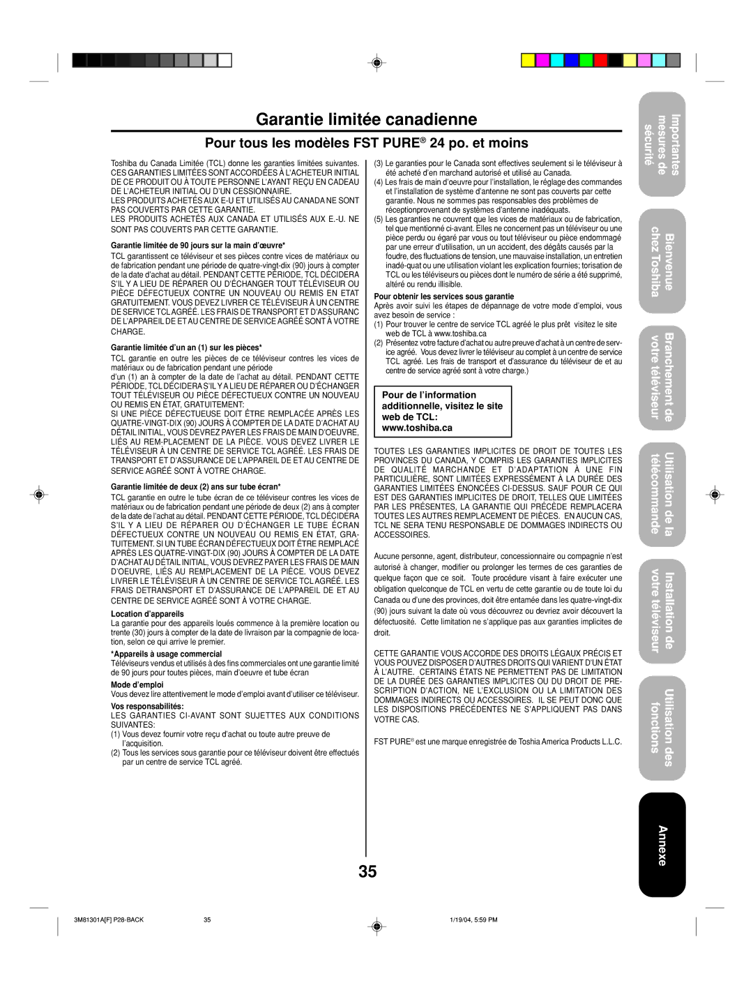 Toshiba 14AF44 appendix Garantie limitée canadienne, Garantie limitée de 90 jours sur la main d’œuvre, Mode d’emploi 