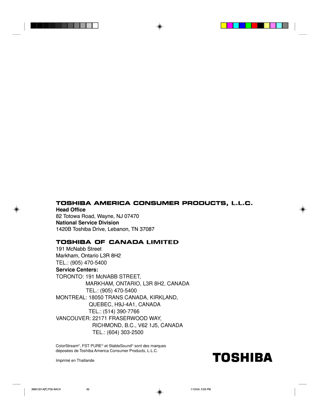 Toshiba 14AF44 appendix TORONTONationalEL.905Service470-5400Division, Imprimé en Thaïlande 