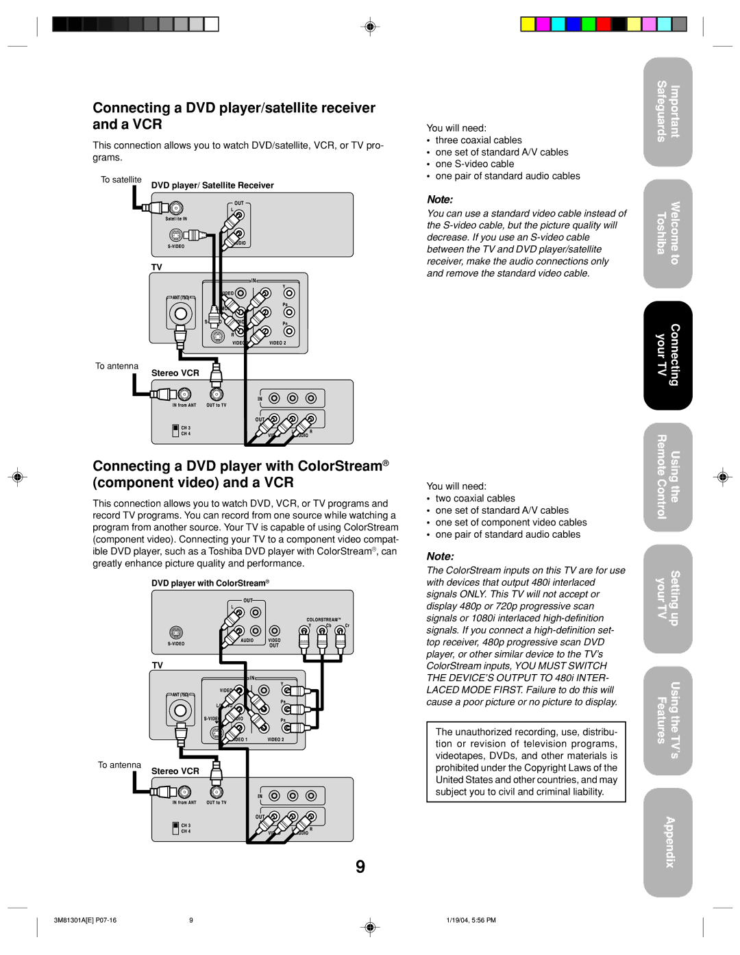 Toshiba 14AF44 Connecting a DVD player/satellite receiver and a VCR, Greatly enhance picture quality and performance 