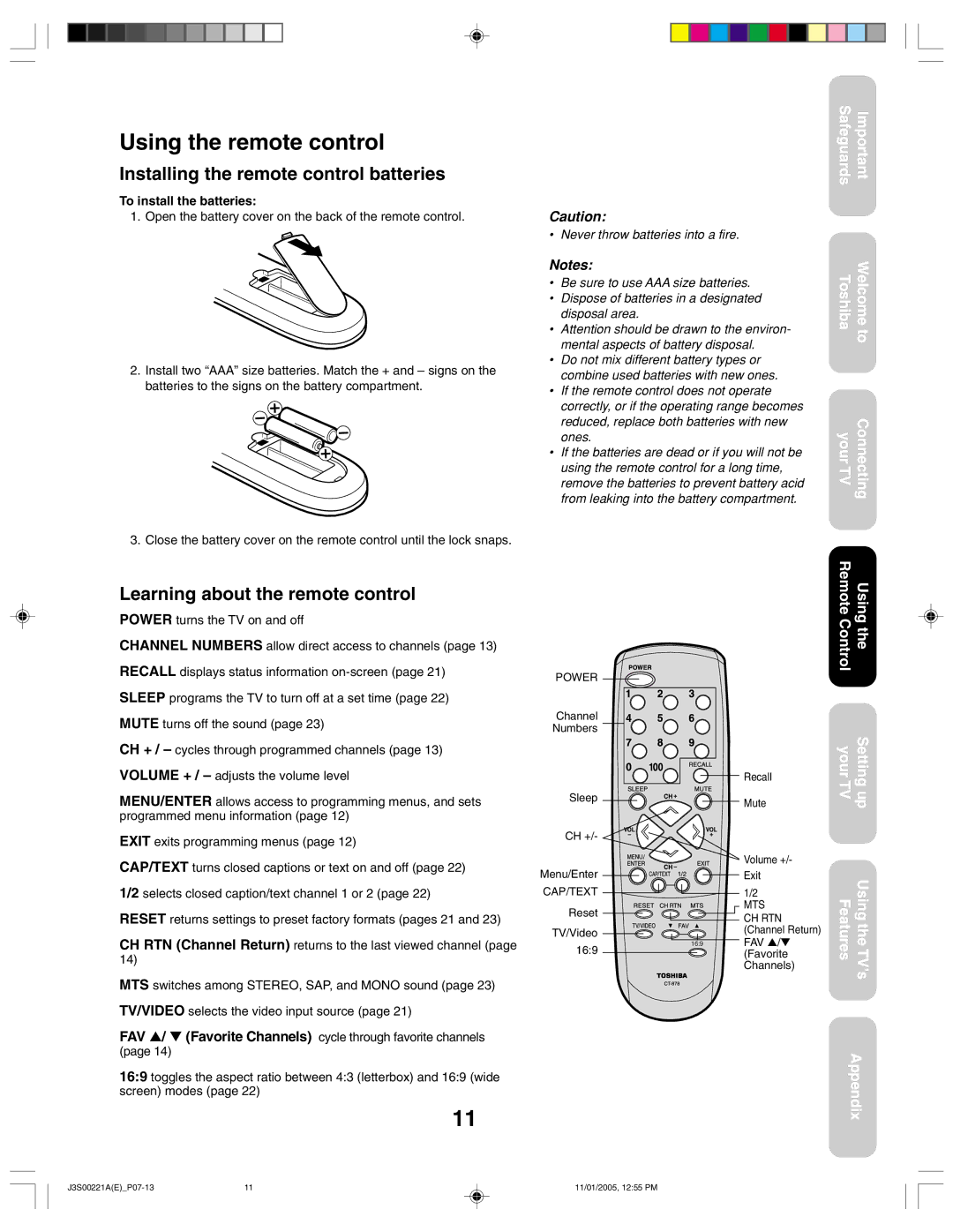 Toshiba 14AF45C, 20AF45C Using the remote control, Installing the remote control batteries, To install the batteries 