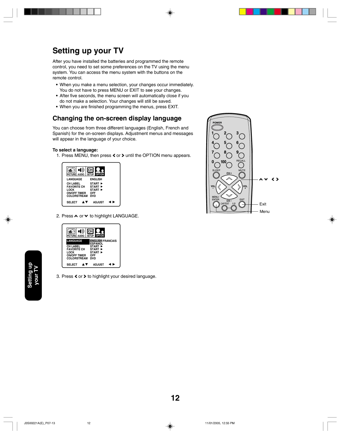 Toshiba 14AF45C, 20AF45C appendix Setting up your TV, Changing the on-screen display language, To select a language 