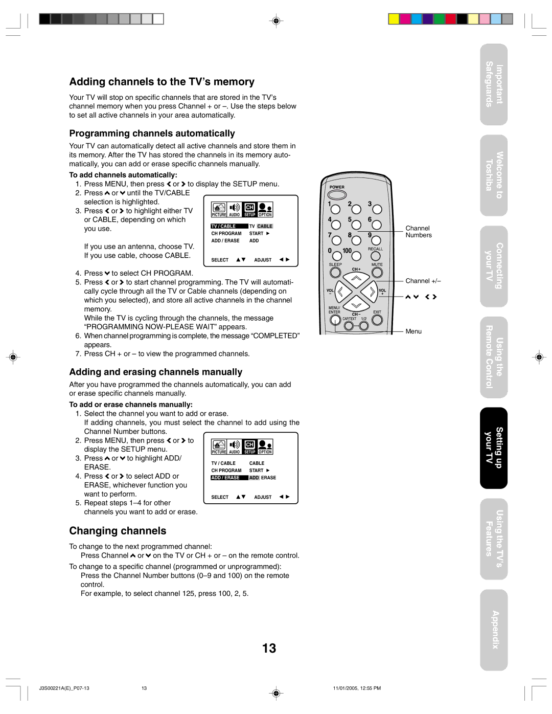 Toshiba 14AF45C, 20AF45C appendix Adding channels to the TV’s memory, Changing channels, Programming channels automatically 