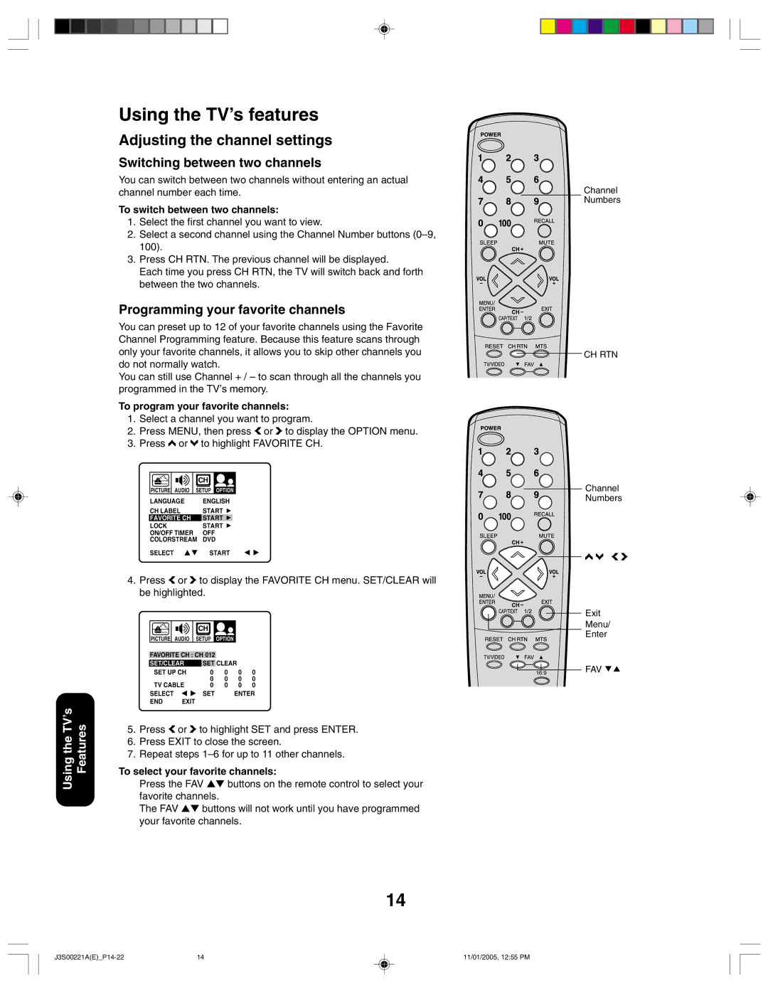 Toshiba 14AF45C, 20AF45C appendix Using the TV’s features, Adjusting the channel settings, Switching between two channels 