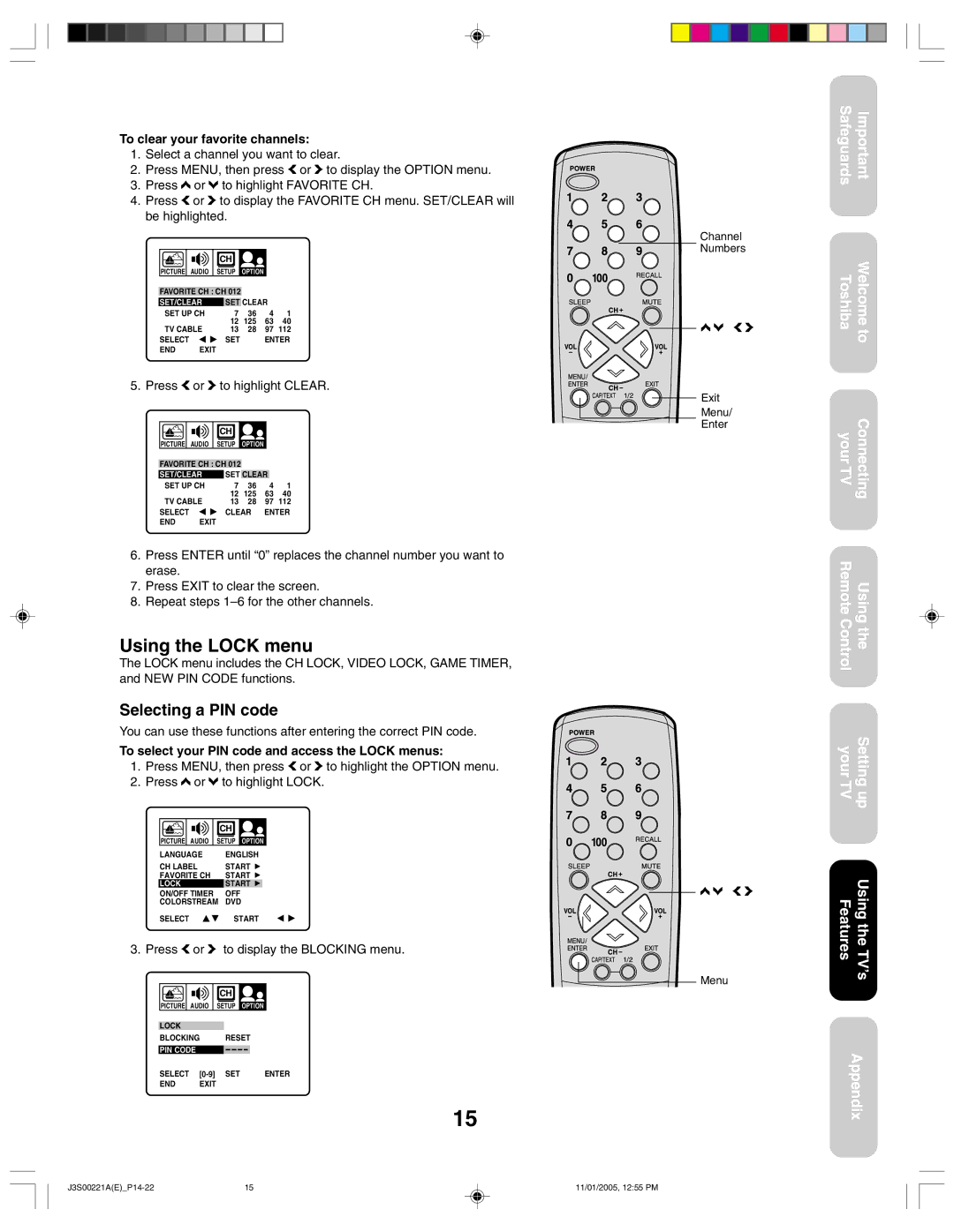 Toshiba 14AF45C, 20AF45C appendix Using the Lock menu, Selecting a PIN code, To clear your favorite channels 