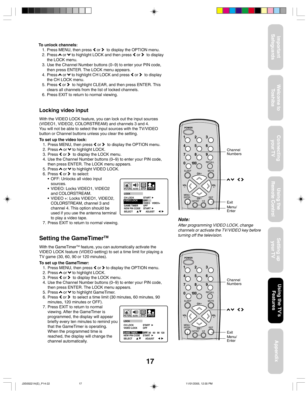 Toshiba 14AF45C, 20AF45C appendix Setting the GameTimerTM, Locking video input 