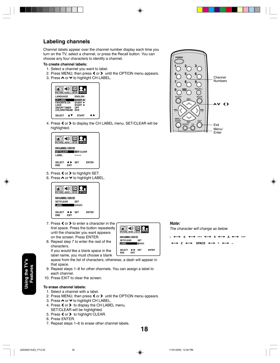 Toshiba 14AF45C, 20AF45C appendix Labeling channels, To create channel labels, To erase channel labels 