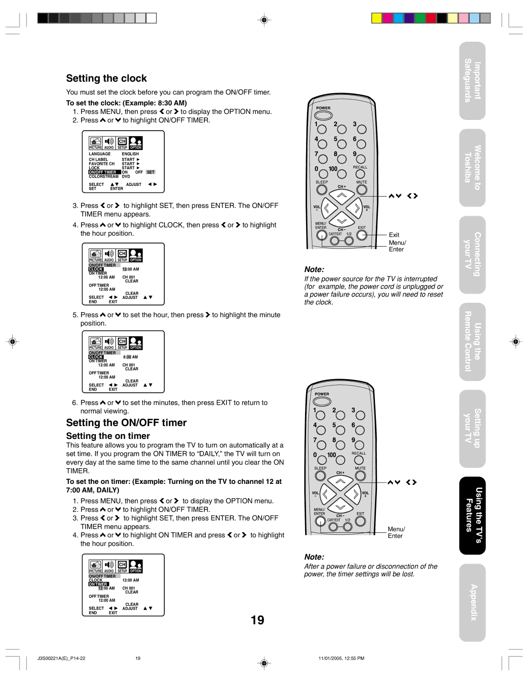 Toshiba 14AF45C, 20AF45C appendix Setting the clock, Setting the ON/OFF timer, Setting the on timer 