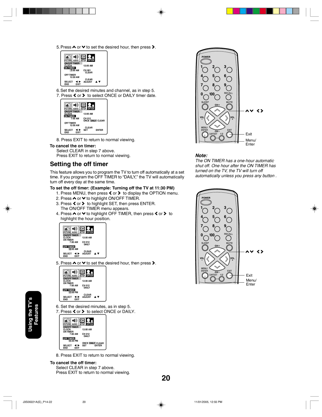 Toshiba 14AF45C, 20AF45C Setting the off timer, Press c or d to set the desired hour, then press b, To cancel the on timer 