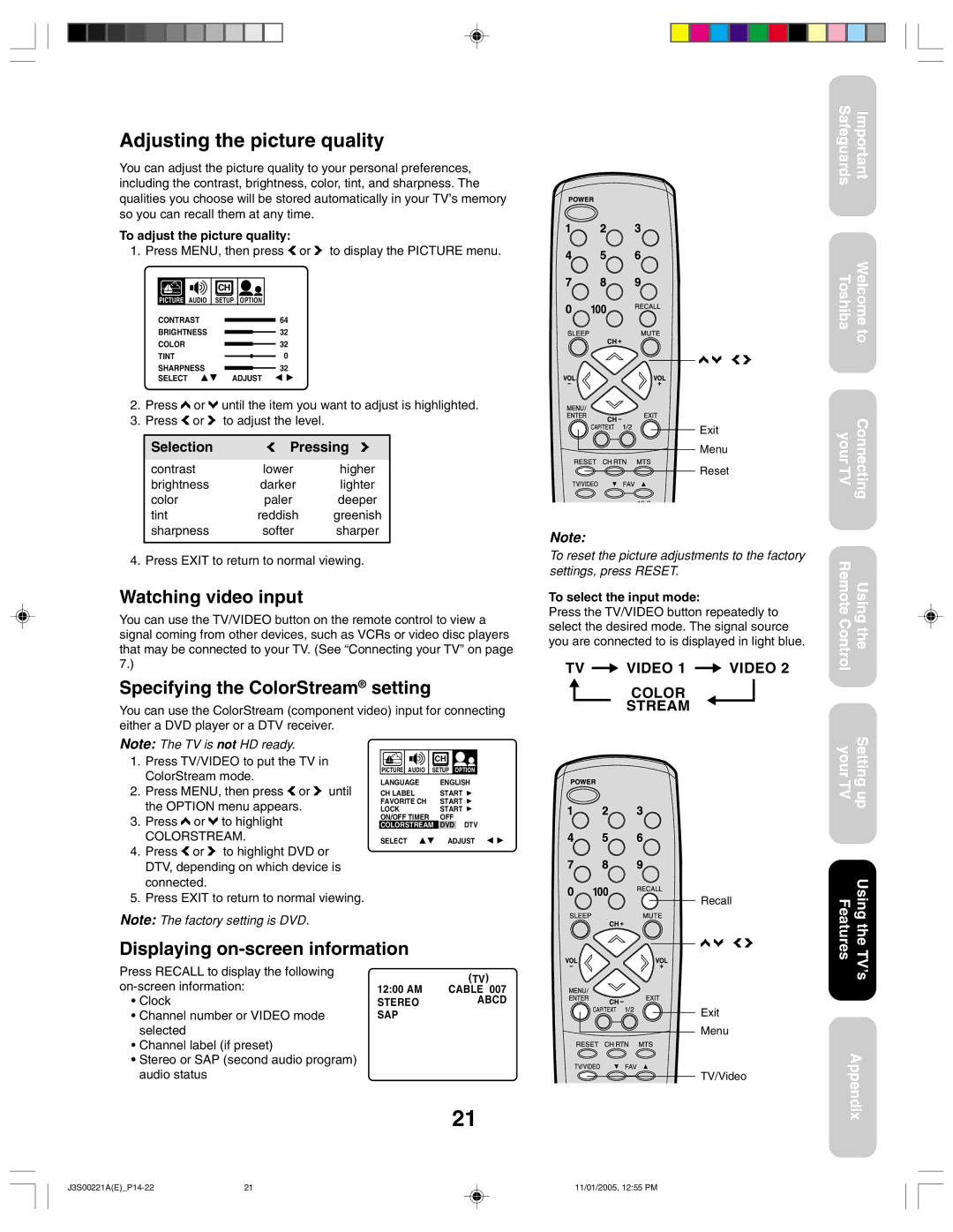 Toshiba 14AF45C, 20AF45C Watching video input, Specifying the ColorStream setting, Displaying on-screen information 