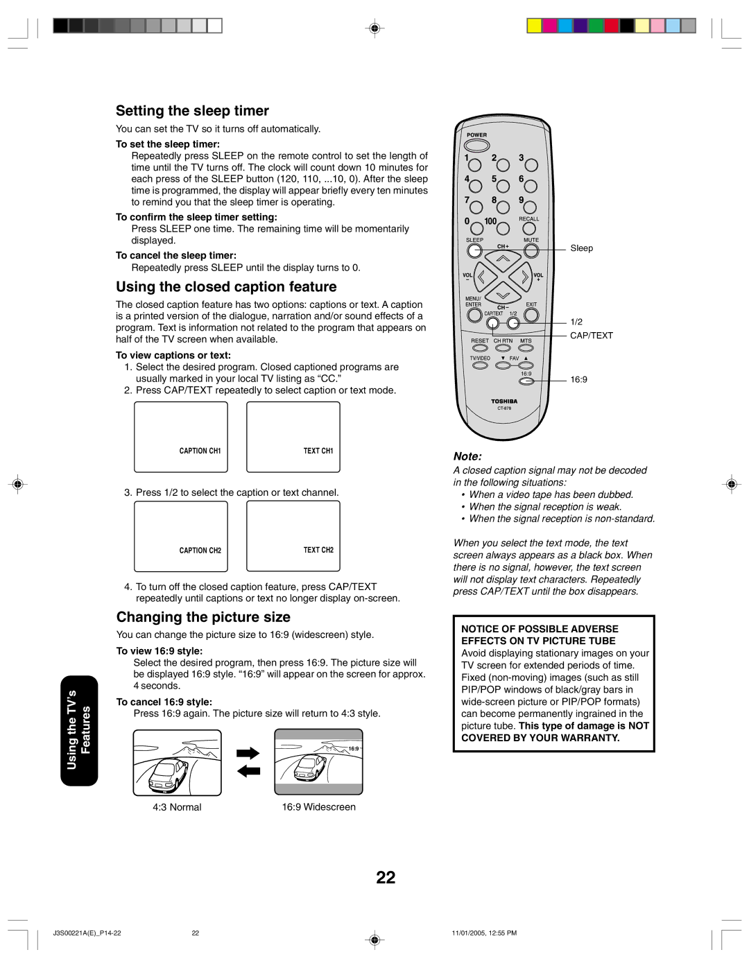 Toshiba 14AF45C, 20AF45C appendix Setting the sleep timer, Using the closed caption feature, Changing the picture size 