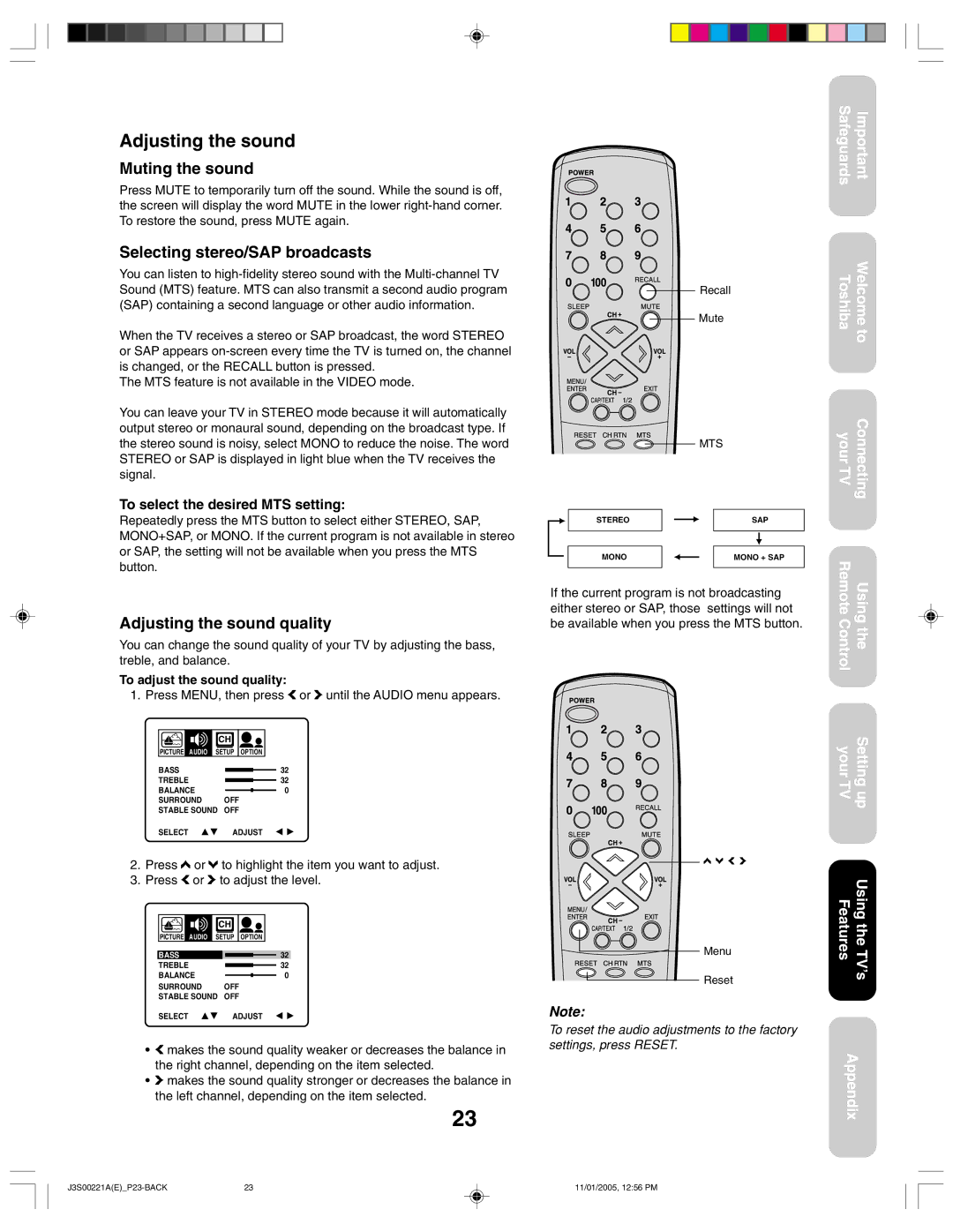 Toshiba 14AF45C, 20AF45C appendix Adjusting the sound, Muting the sound, Selecting stereo/SAP broadcasts 