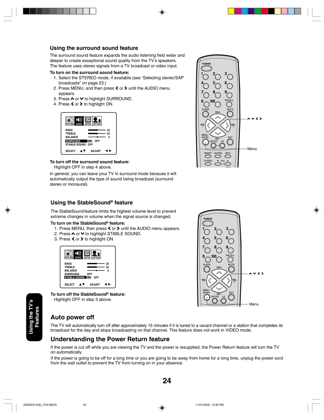 Toshiba 14AF45C, 20AF45C appendix Auto power off, Understanding the Power Return feature, Using the surround sound feature 