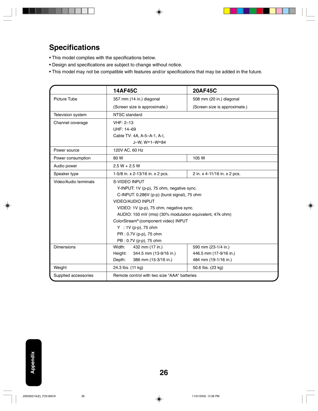 Toshiba 14AF45C, 20AF45C appendix Specifications, 14AF45C 20AF45C 