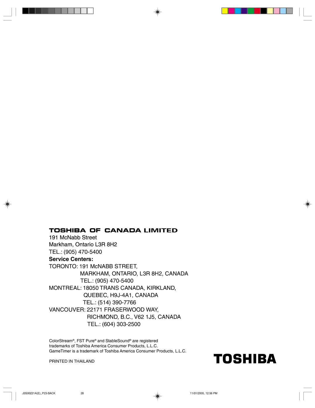 Toshiba 14AF45C, 20AF45C appendix Service Centers 