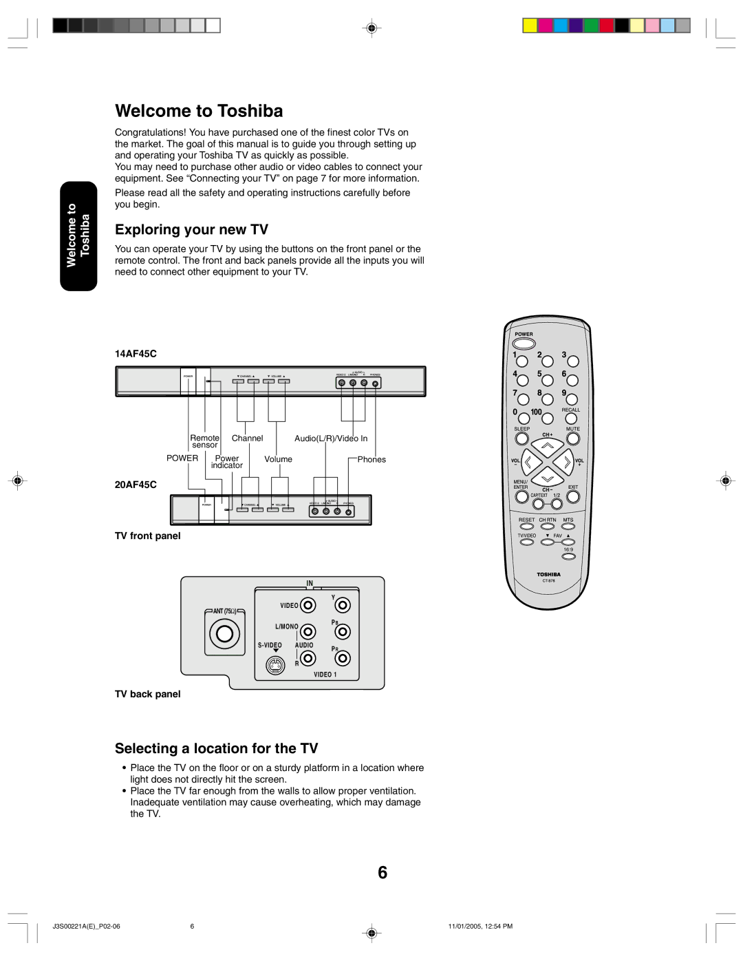 Toshiba 14AF45C, 20AF45C appendix Welcome to Toshiba, Exploring your new TV, Selecting a location for the TV 