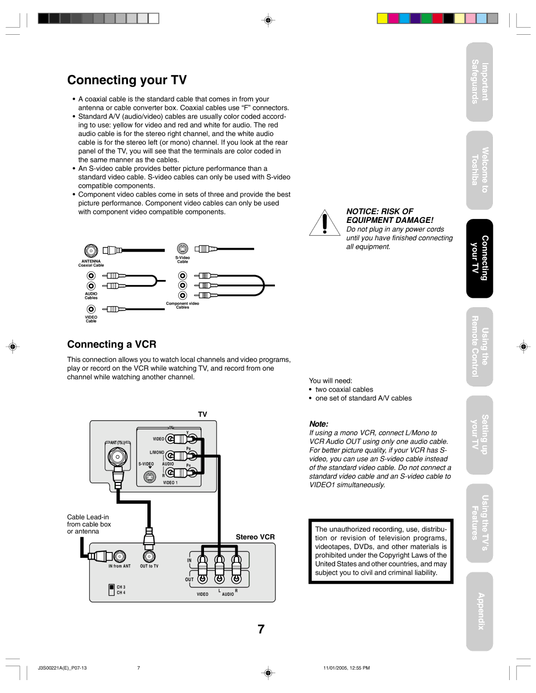 Toshiba 14AF45C, 20AF45C appendix Connecting your TV, Connecting a VCR, Stereo VCR 