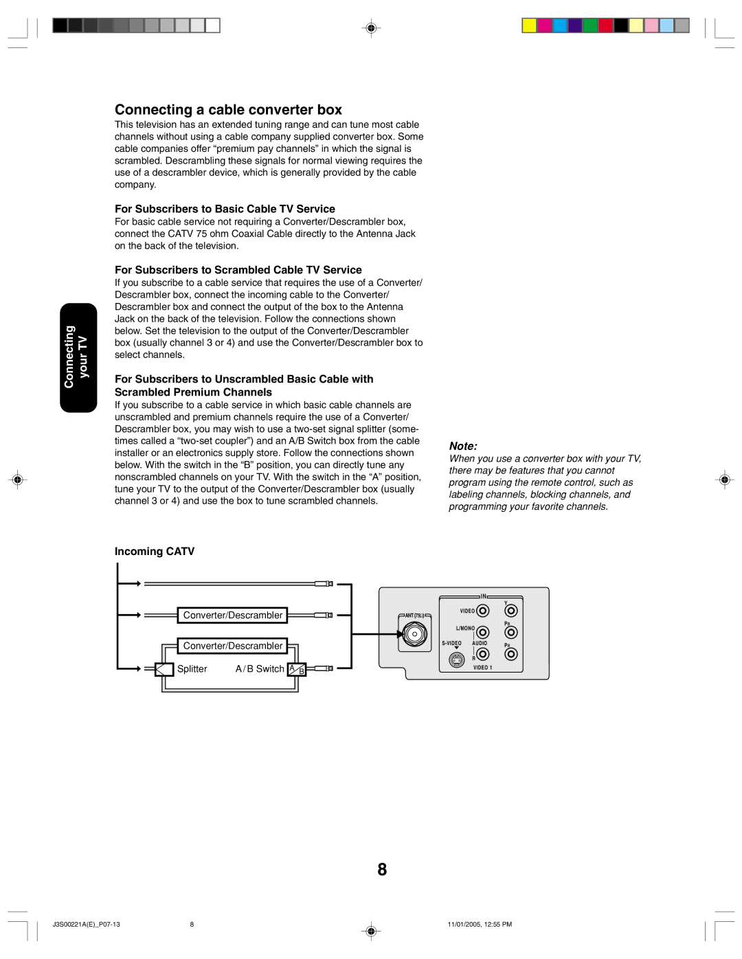 Toshiba 14AF45C, 20AF45C appendix Connecting a cable converter box, Converter/Descrambler Splitter Switch a B 