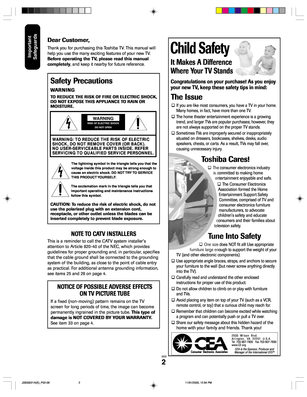 Toshiba 14AF45C, 20AF45C appendix Safety Precautions, It Makes A Difference Where Your TV Stands, The Issue, Toshiba Cares 