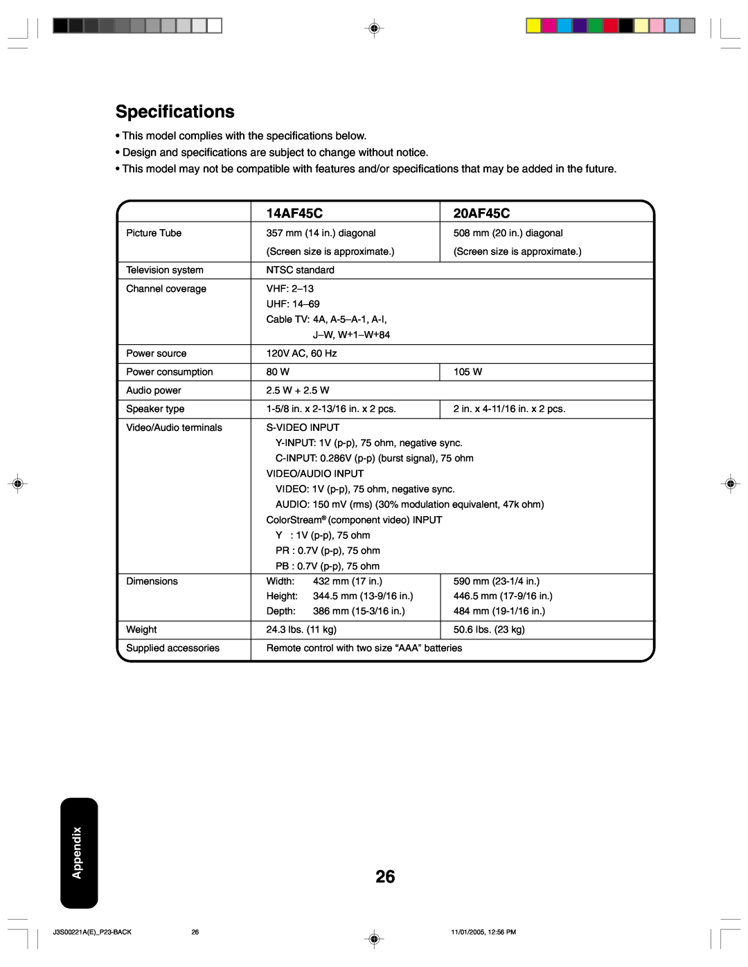 Toshiba 14AF45C, 20AF45C appendix Specifications, Appendix 
