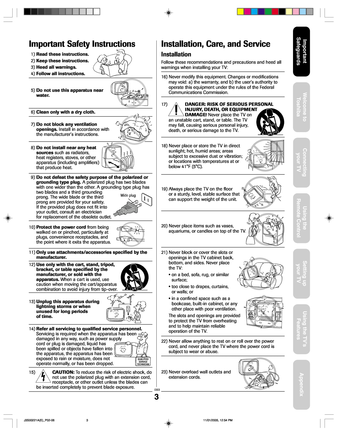 Toshiba 14AF45C, 20AF45C Important Safety Instructions, Installation, Care, and Service, your TVSetting up, Appendix 