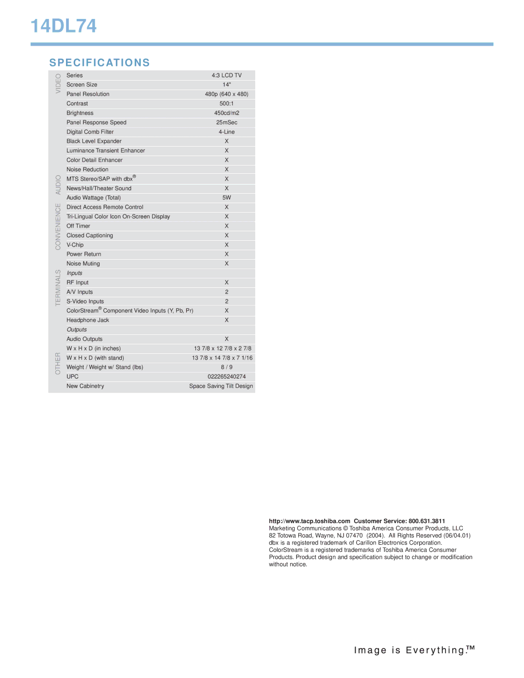 Toshiba 14DL74 manual Specifications, Video Terminals Convenience Audio Other, Inputs, Outputs 