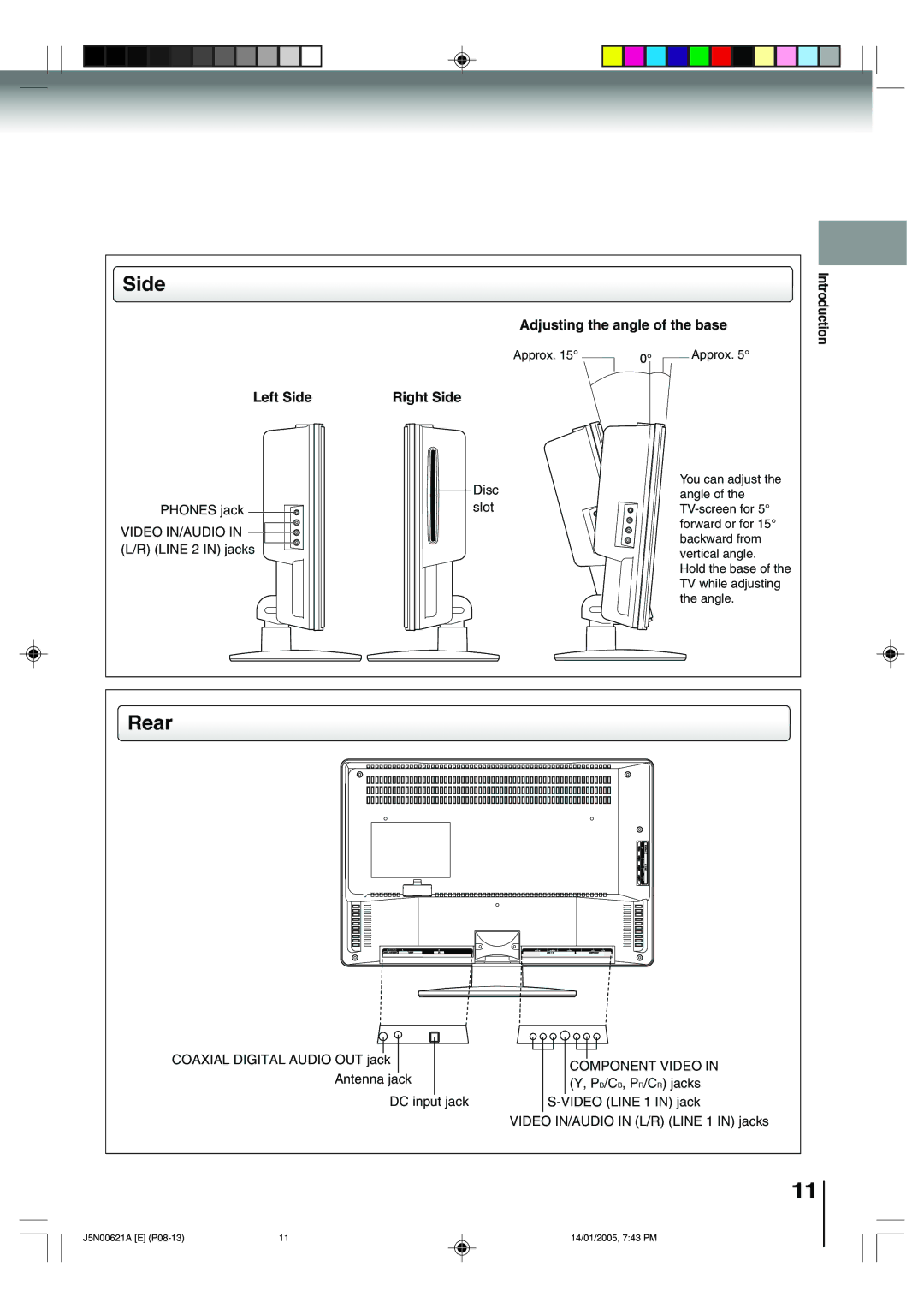 Toshiba 14DLV75 owner manual Rear, Left Side, Right Side, Adjusting the angle of the base 