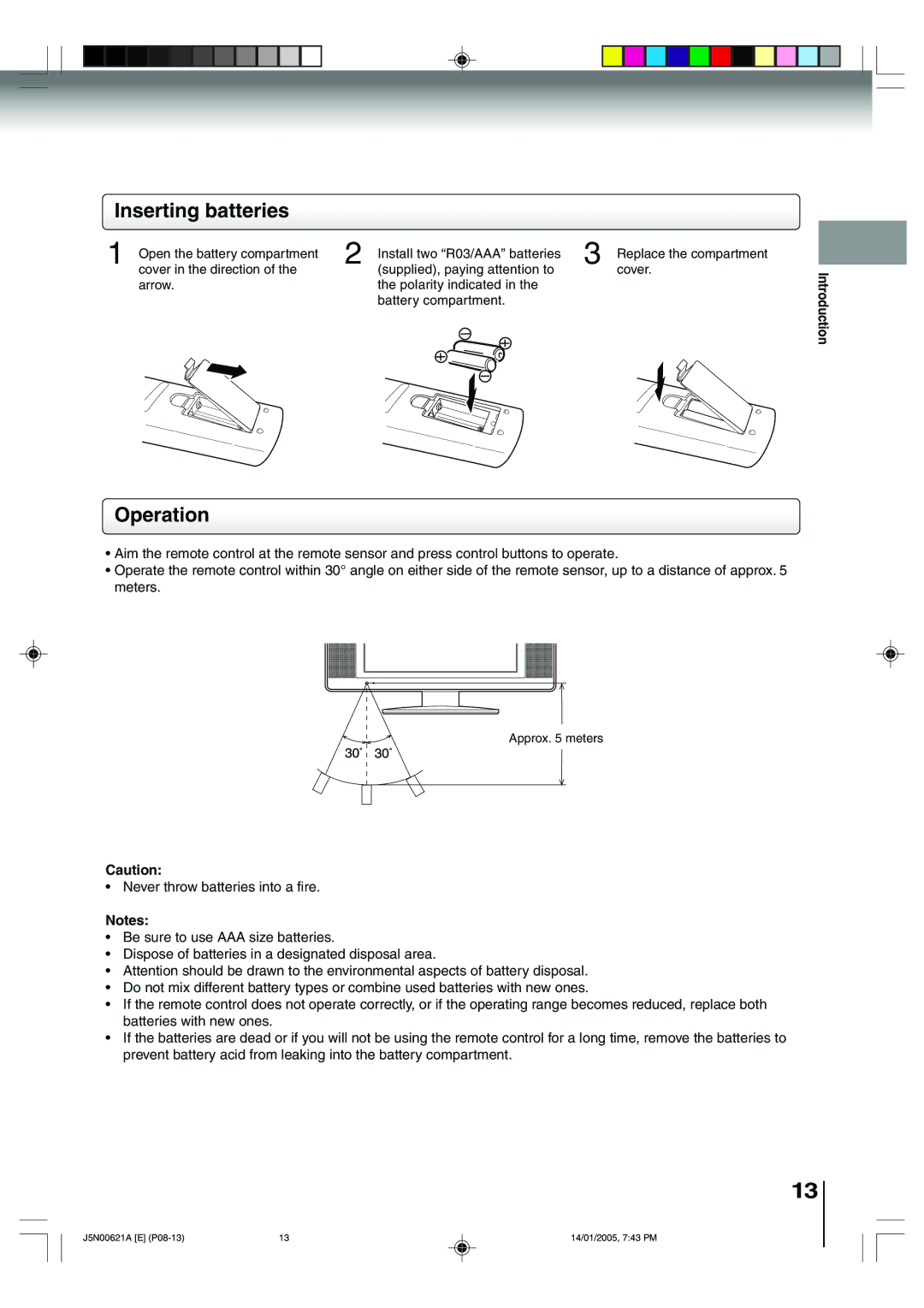 Toshiba 14DLV75 owner manual Inserting batteries, Operation 