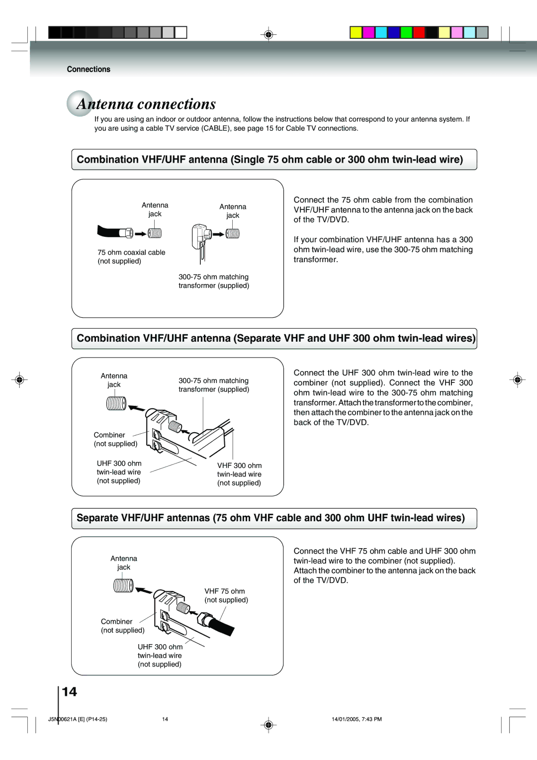 Toshiba 14DLV75 owner manual Antenna connections, Connections 