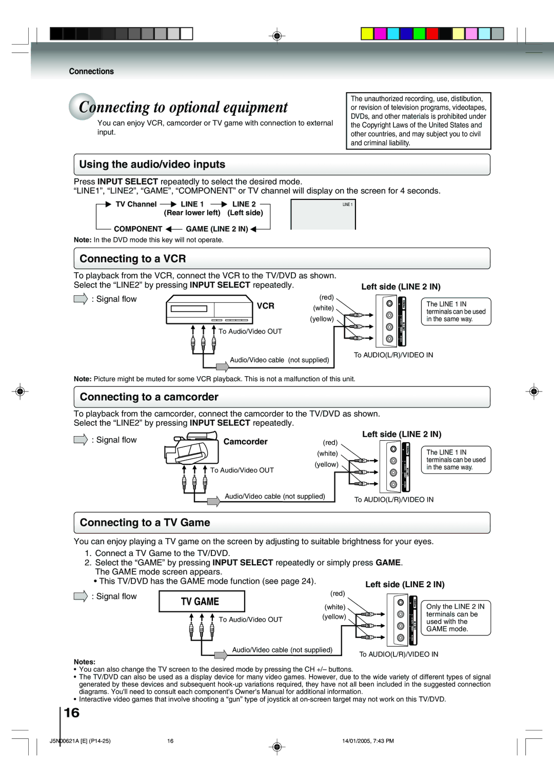 Toshiba 14DLV75 owner manual Connecting to optional equipment, Vcr, Left side Line 2, Camcorder 