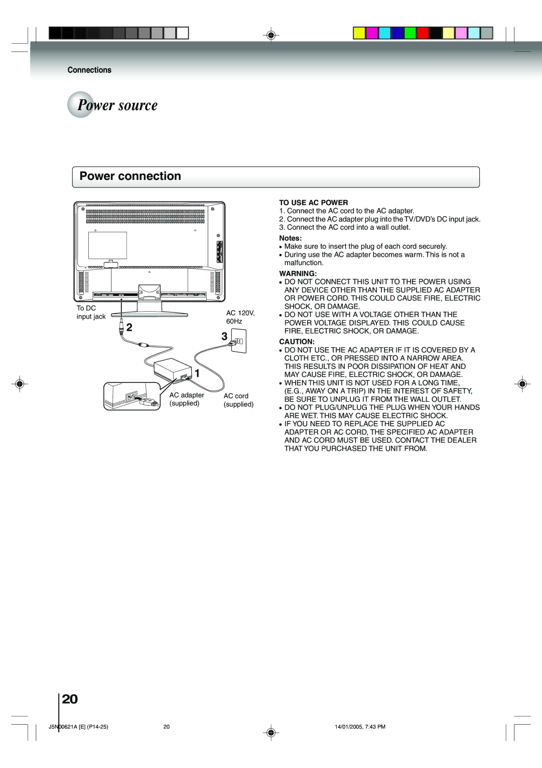 Toshiba 14DLV75 owner manual Power source, Power connection, To USE AC Power 