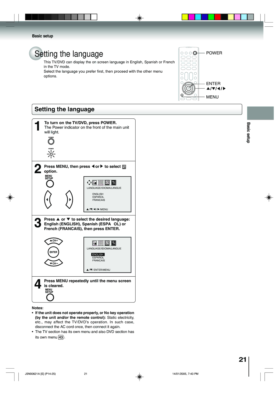 Toshiba 14DLV75 owner manual Setting the language, Basic setup, Power, Enter Menu 