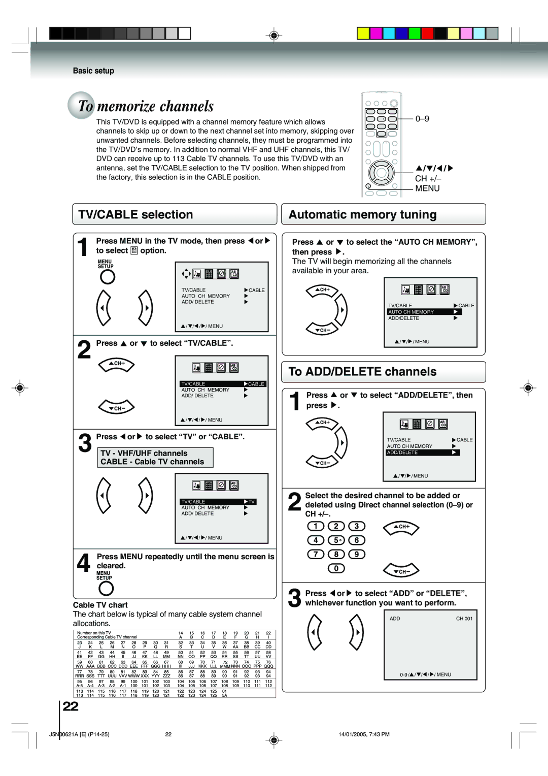 Toshiba 14DLV75 owner manual To memorize channels, TV/CABLE selection, Automatic memory tuning, To ADD/DELETE channels 