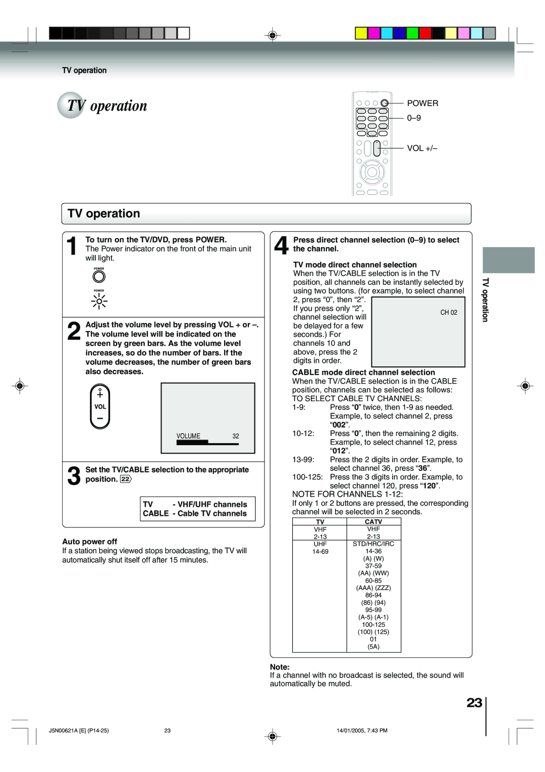 Toshiba 14DLV75 owner manual TV operation, Set the TV/CABLE selection to the appropriate position 