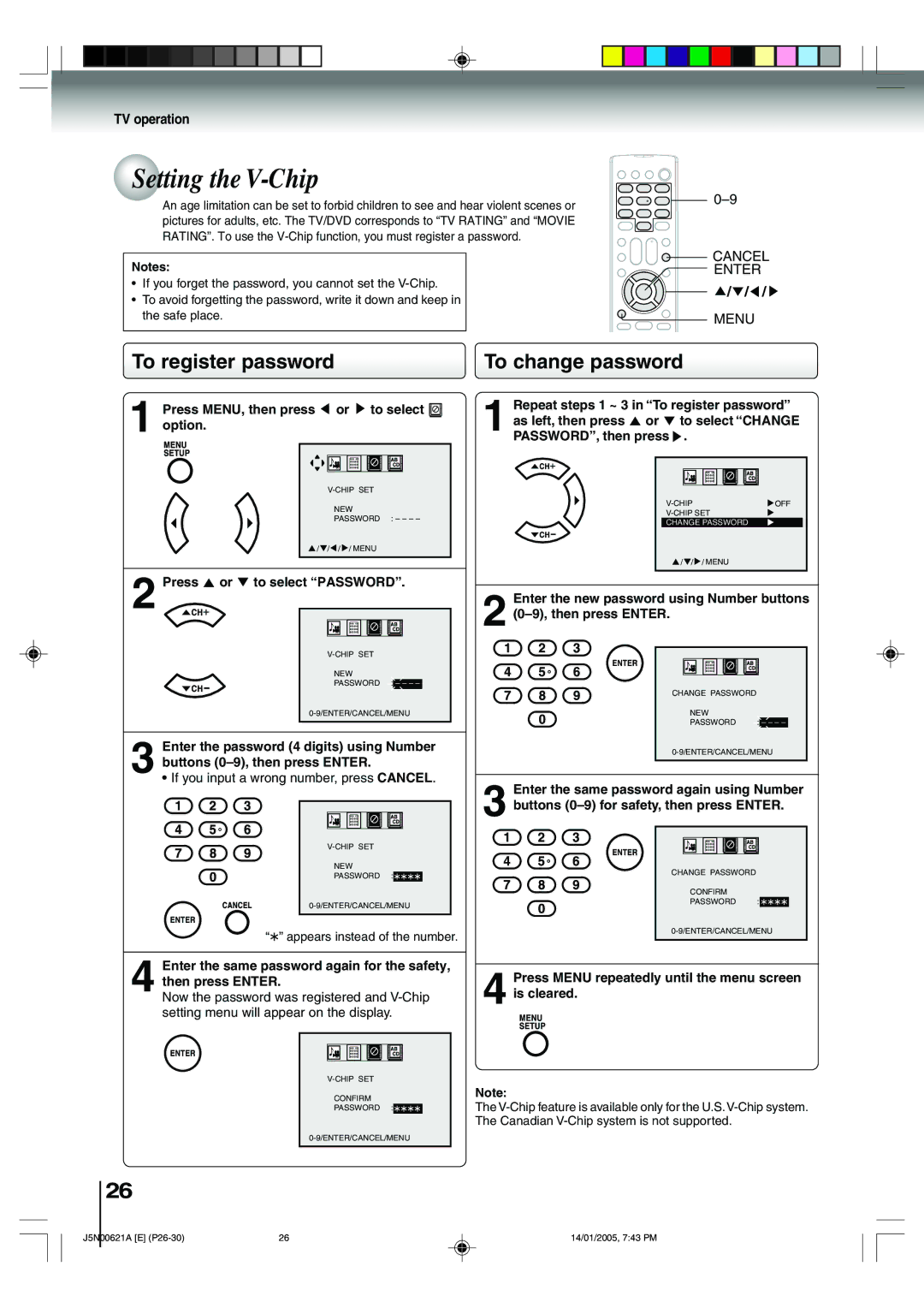 Toshiba 14DLV75 owner manual Setting the V-Chip, To register password, To change password, Cancel Enter Menu 