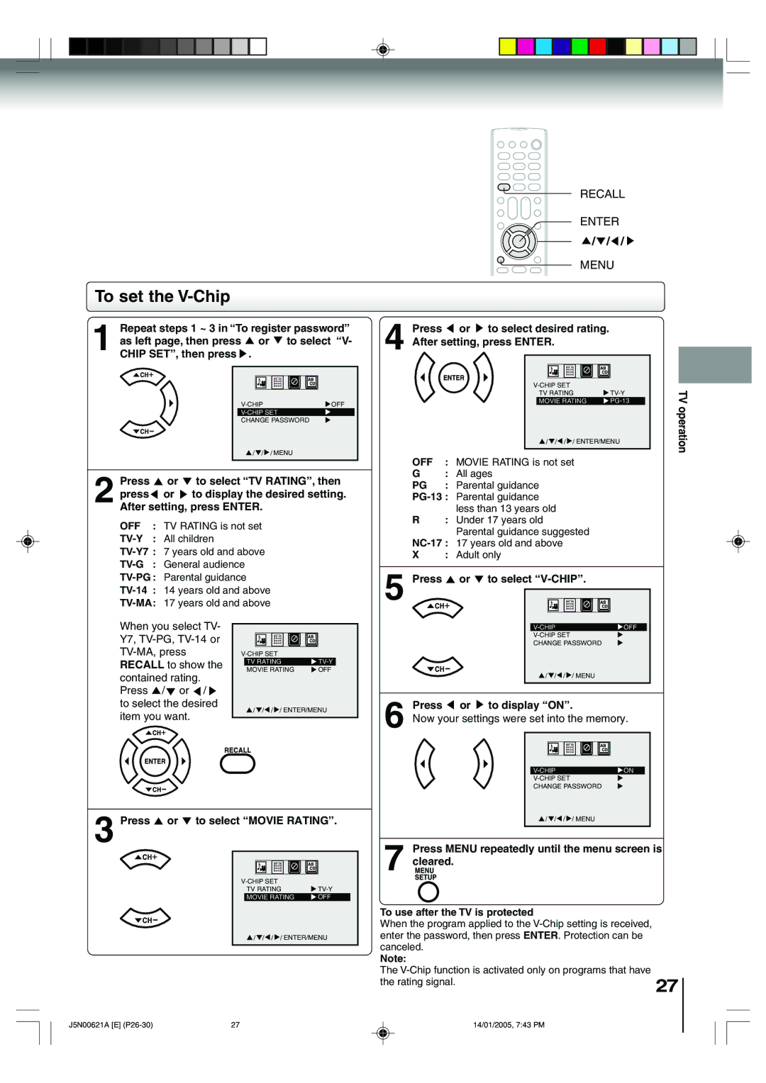 Toshiba 14DLV75 owner manual To set the V-Chip, Recall Enter Menu 