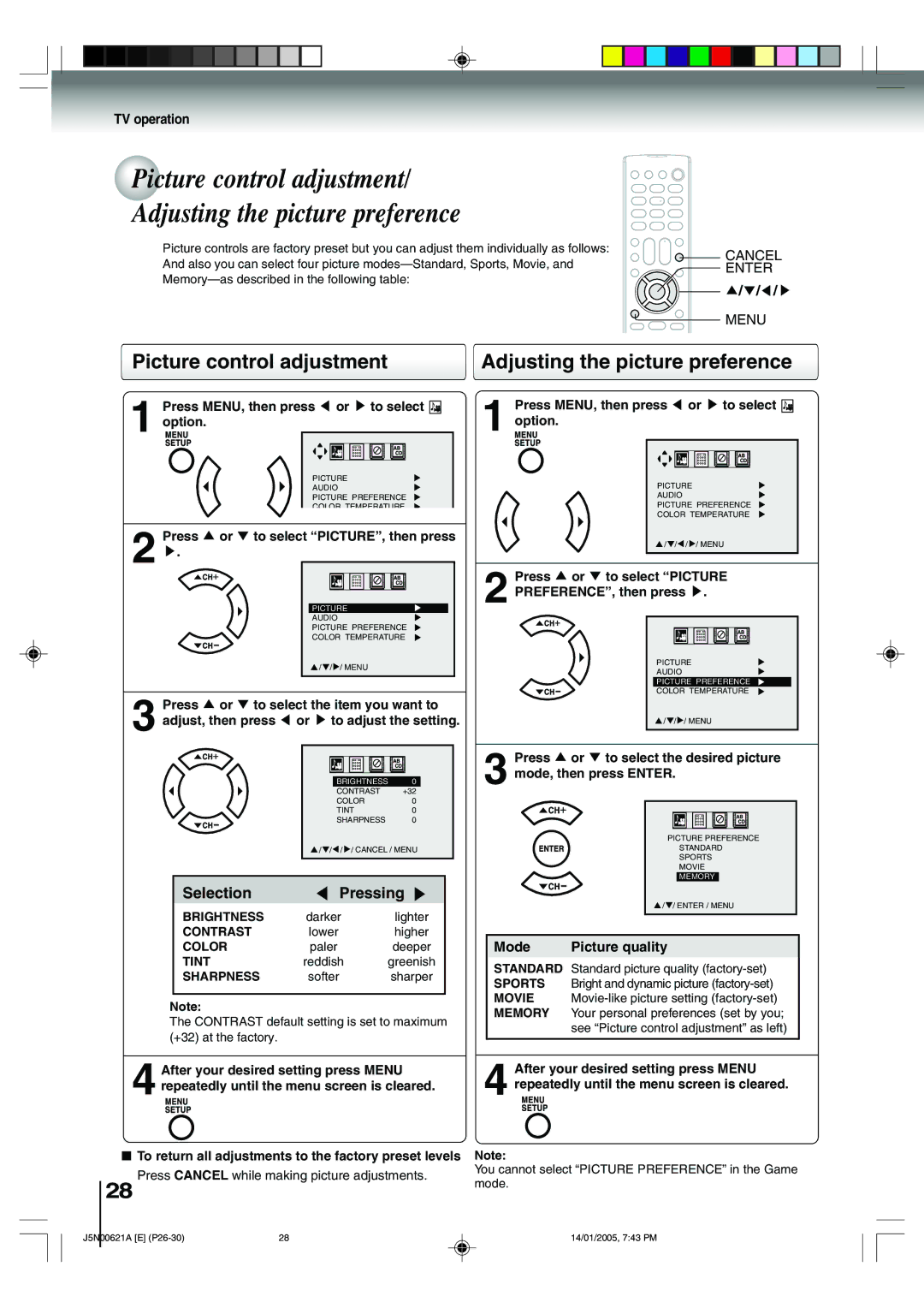 Toshiba 14DLV75 owner manual Picture control adjustment Adjusting the picture preference, Mode Picture quality 