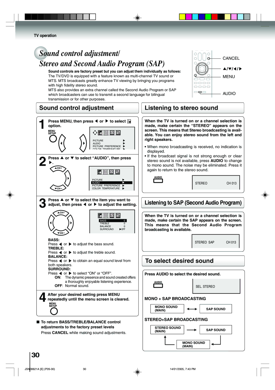 Toshiba 14DLV75 owner manual Sound control adjustment, Listening to stereo sound, Listening to SAP Second Audio Program 