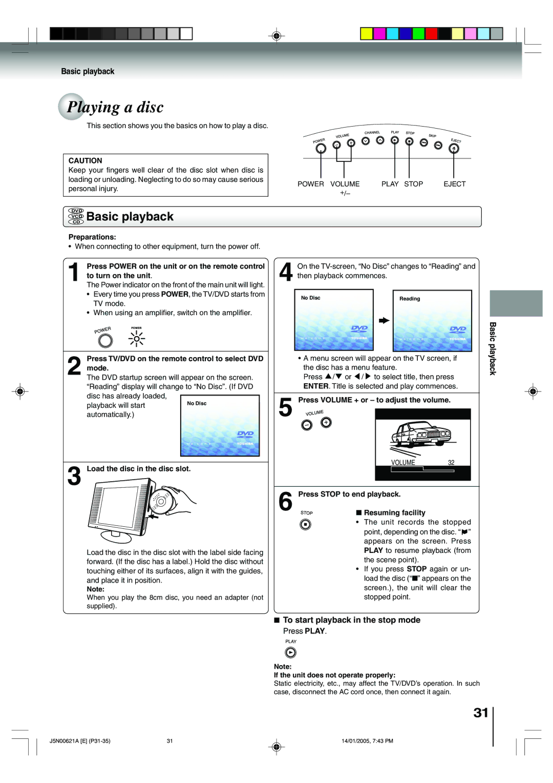 Toshiba 14DLV75 owner manual Playing a disc, Vcdcd Basic playback 