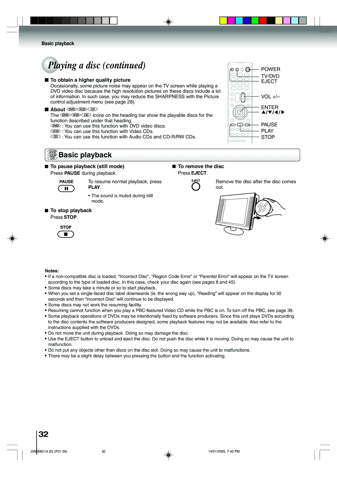 Toshiba 14DLV75 owner manual To obtain a higher quality picture, About, To pause playback still mode To remove the disc 