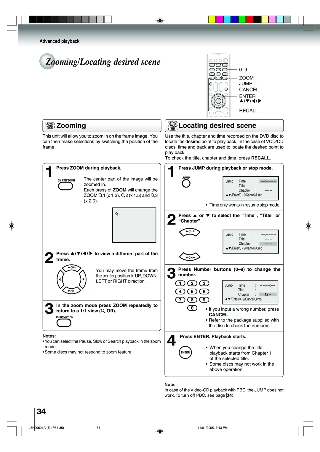 Toshiba 14DLV75 owner manual Zooming/Locating desired scene, Advanced playback, Zoom Jump Cancel Enter Recall 