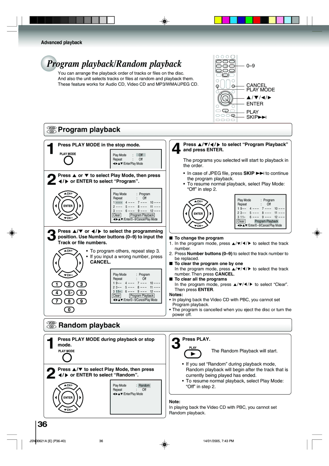 Toshiba 14DLV75 Program playback/Random playback, Vcdcd Program playback, CD Random playback, Cancel Play Mode Enter SKIP¢ 