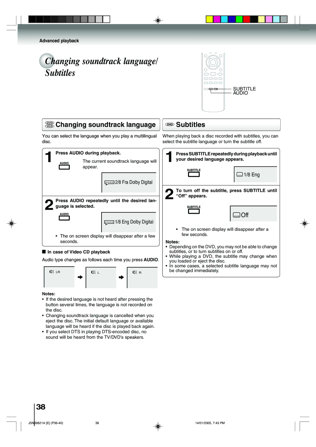 Toshiba 14DLV75 owner manual Changing soundtrack language/ Subtitles, Dvdvcd Changing soundtrack language, Subtitle Audio 