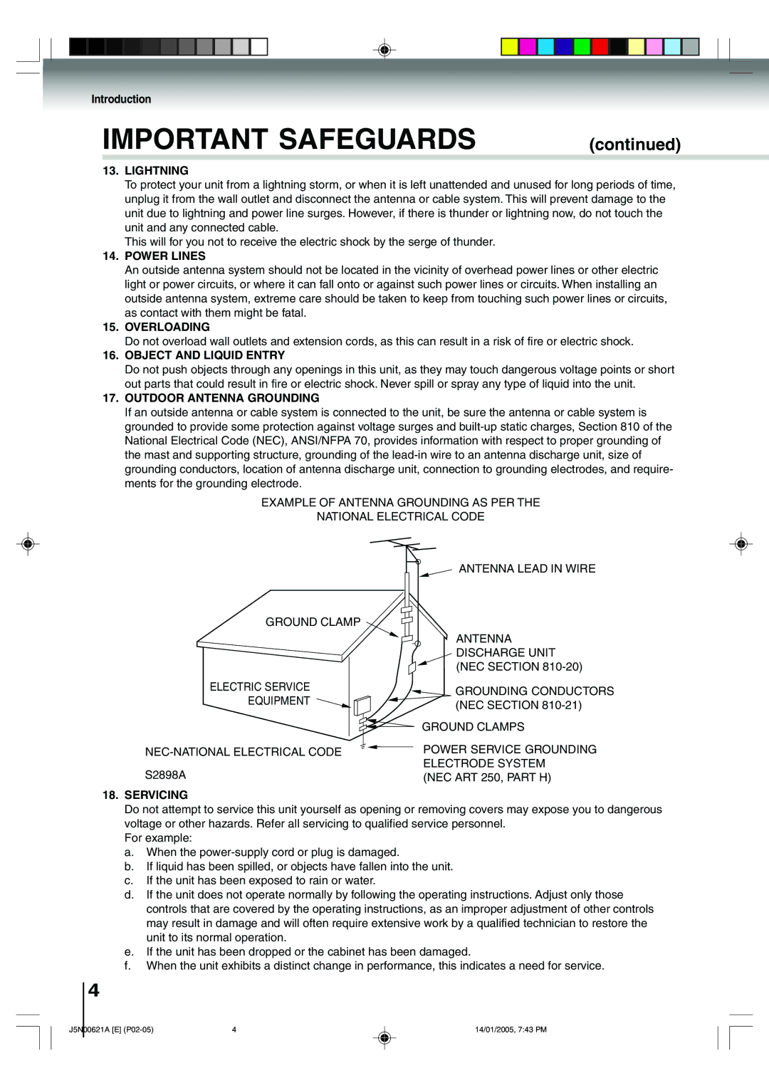 Toshiba 14DLV75 Lightning, Power Lines, Overloading, Object and Liquid Entry, Outdoor Antenna Grounding, Servicing 