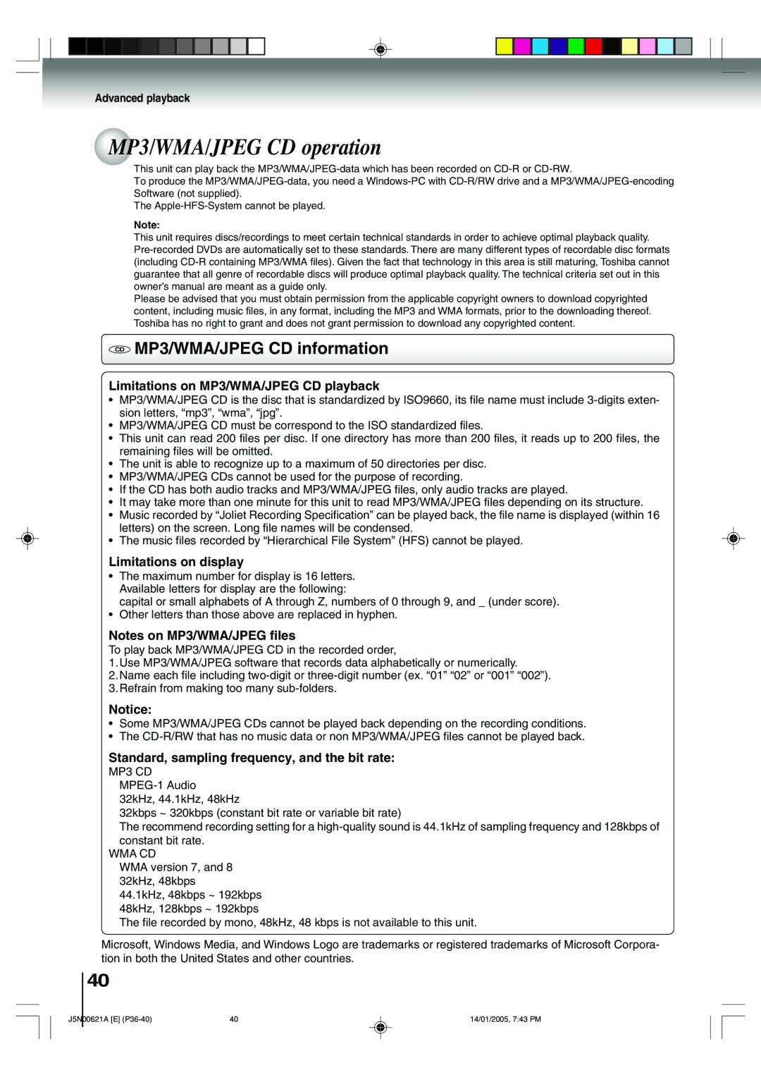 Toshiba 14DLV75 owner manual MP3/WMA/JPEG CD operation, CD MP3/WMA/JPEG CD information, Wma Cd 