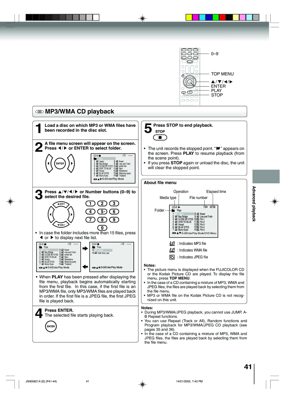 Toshiba 14DLV75 owner manual CD MP3/WMA CD playback, TOP Menu Enter Play Stop, Press Enter, 5Press Stop to end playback 